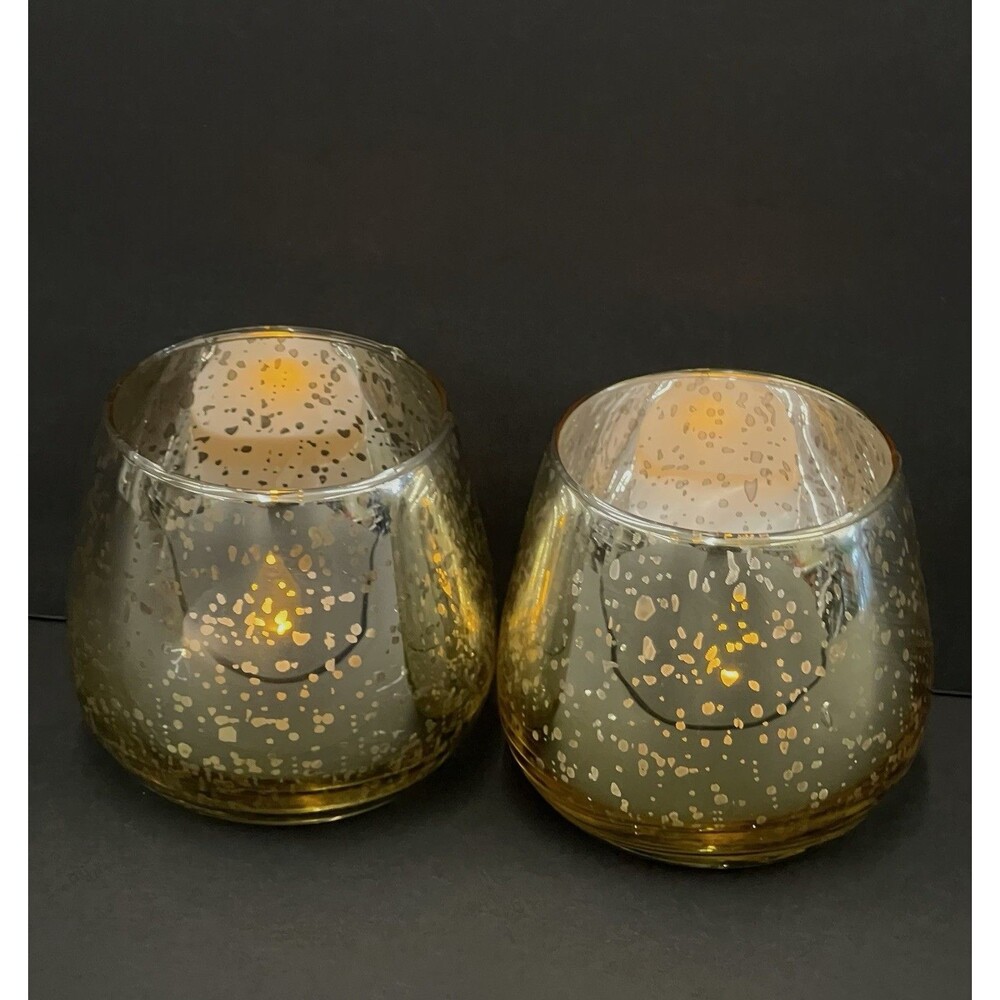 Mercury Glass Votive Candle Holder Set of 2 Gold Round Home Decor Accessory
